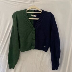 Hollister green & blue, color-blocked, 3-button cropped cardigan.  Size xSmall